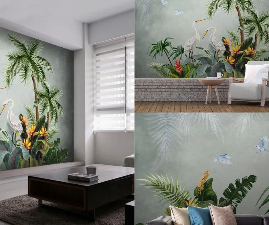 Pilihan Wallpaper Dinding Ruang Tamu Kecil Motif daun atau hutan